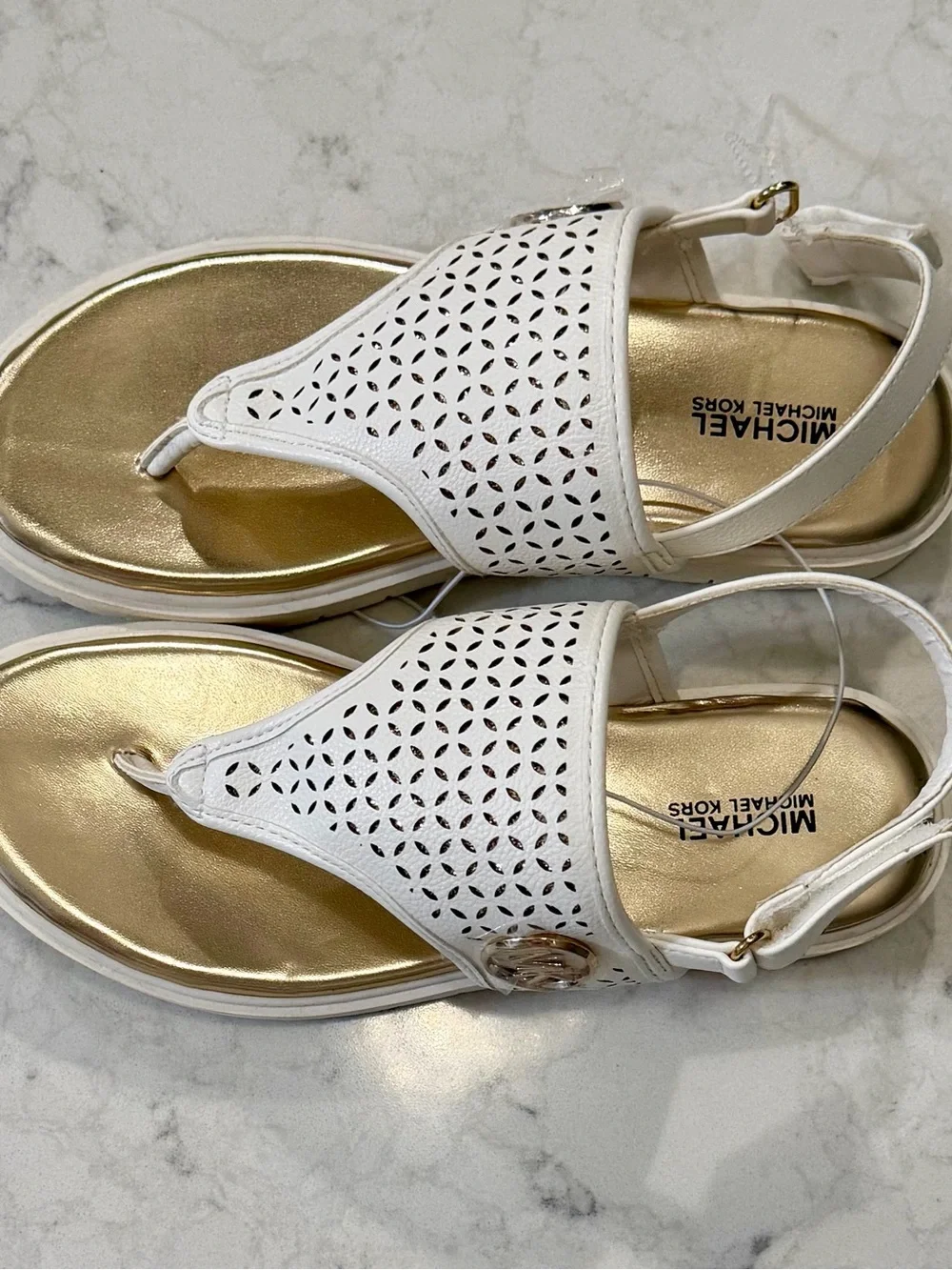Michael Kors White Perforated Thong Sandals with Gold Footbed